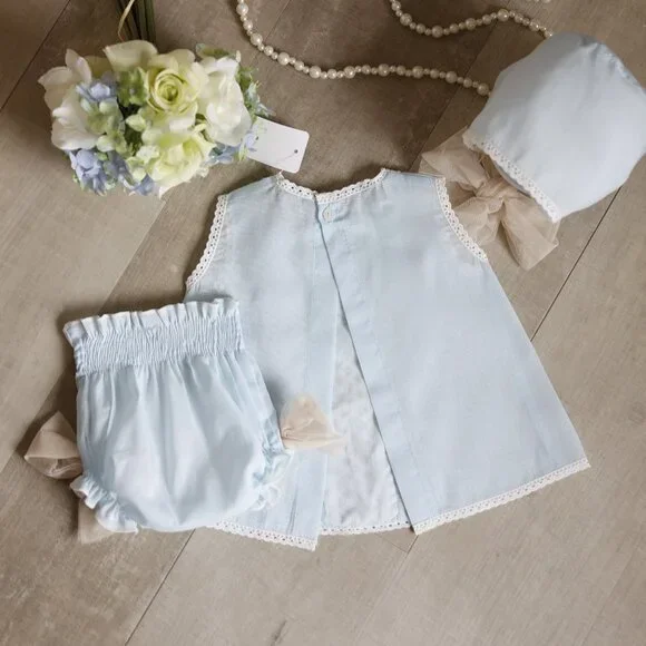 RARE Blue Vintage Newborn Diaper Set With Bonnet Lace and Tulle Newborn NWOT - Picture 8 of 9